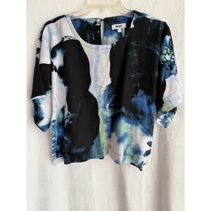 DKNY Women's Black Blue White Abstract Print Top Blouse Linen Blend Size S